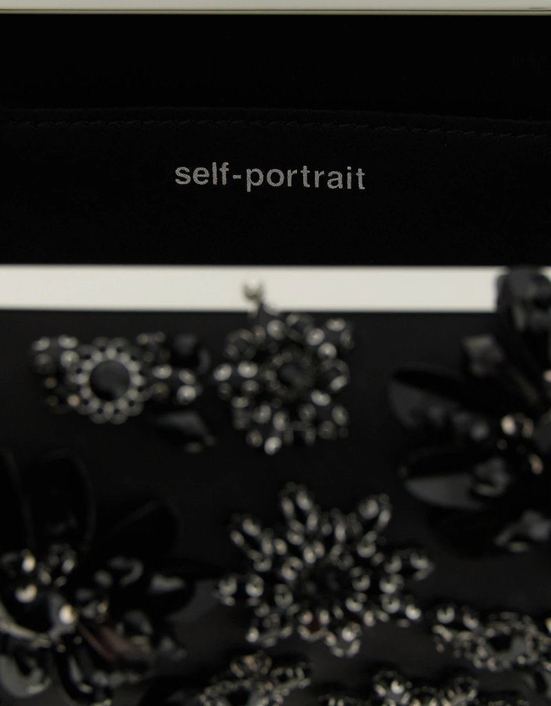 Self-Portrait ブラックサテンフローラルクリスタルクラッチバッグ