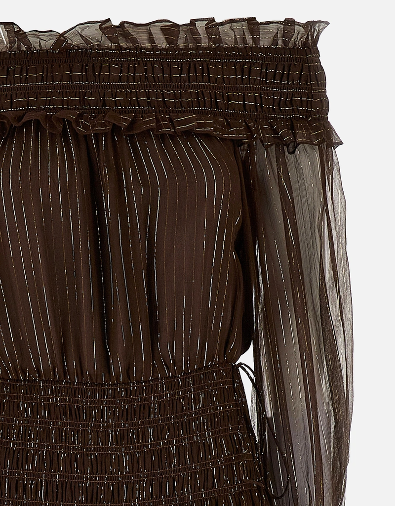 Self-Portrait ブラウンジョーゼットオフショルダーマキシドレス