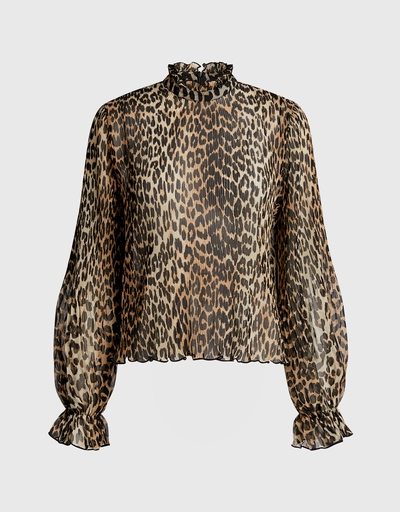 Leopard Pleated Georgette High Neck Blouse