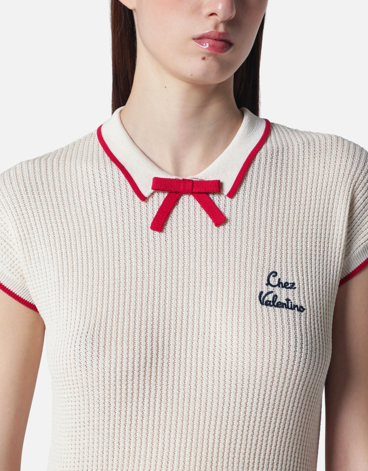 Valentino Garavani Knit Cotton Blend Embroidered Bow Detail Top