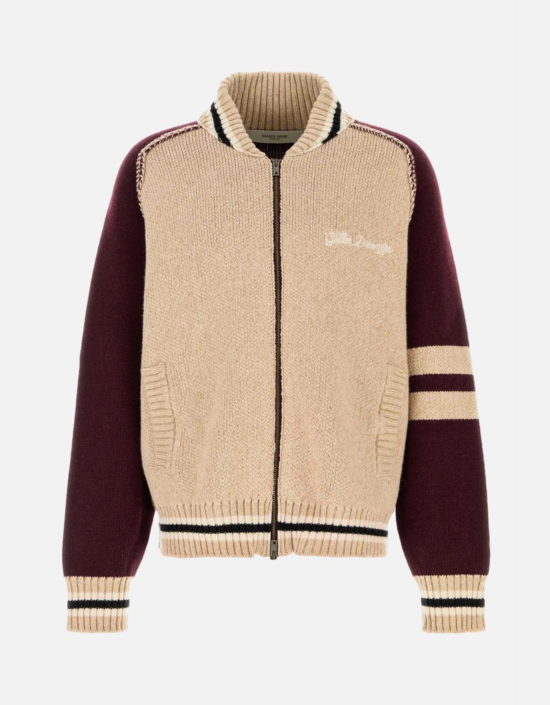 【tikhonov】ウールジップアップカーディガン　ブラウンM Golden Goose メンズバージンウールブレンドロゴ刺繍ジップアップ