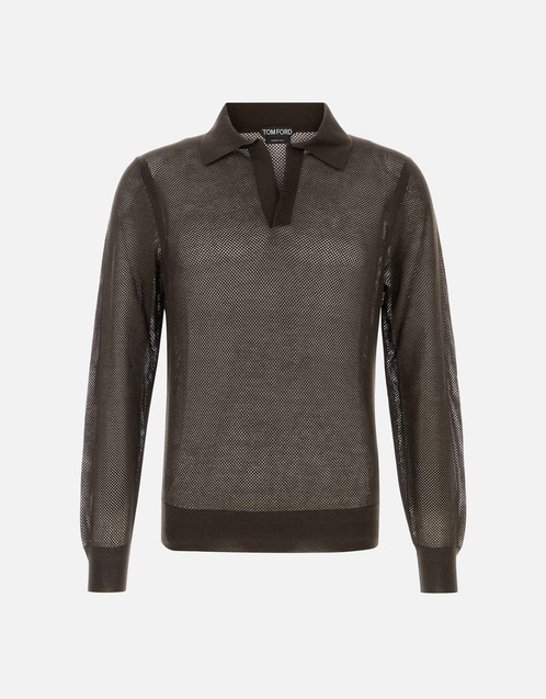 TOMFORD ポロシャツ 長袖 カットソー 黒 SIZE48 M~L Tom Ford メンズ 18GG コットン シルク メッシュ 長袖 ボタンなし