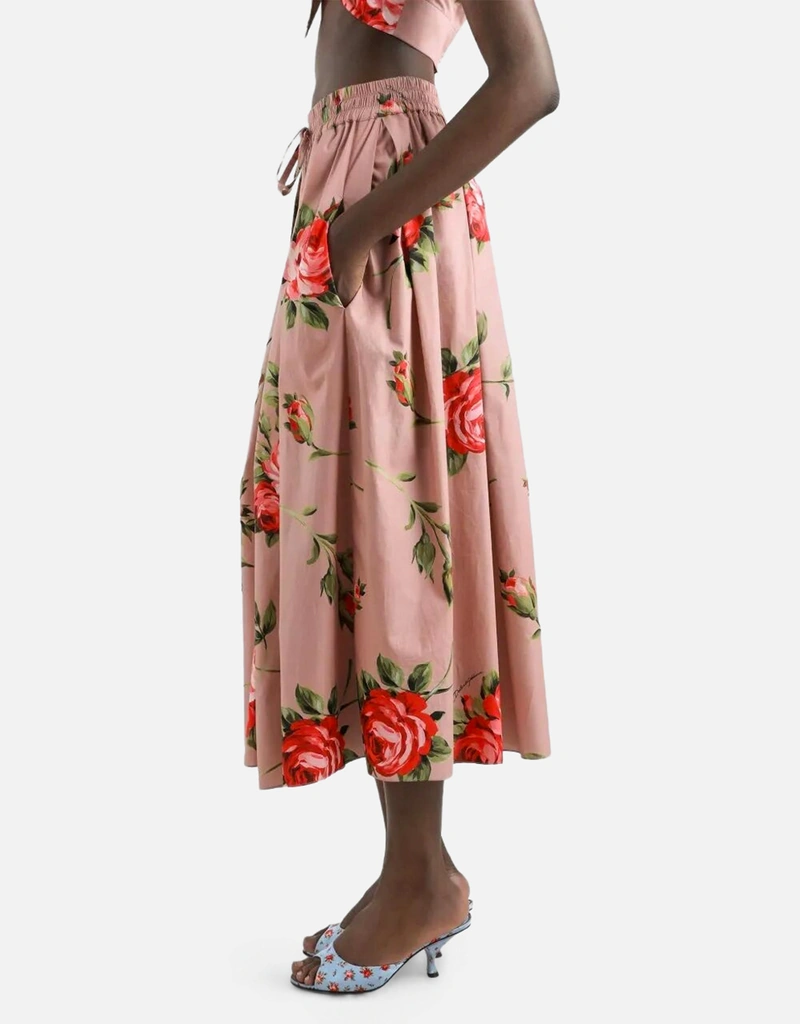 Dolce & Gabbana ローズブーケプリント コットン プリーツ ミディ