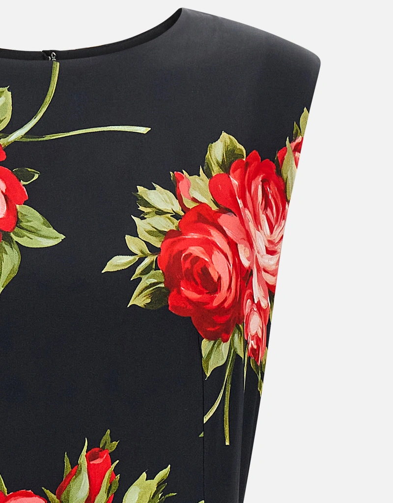 dolce gabbana red rose dress 1990 Dolce & Gabbana Black Silk Chiffon Red-Roses Floral Appliqu Dres