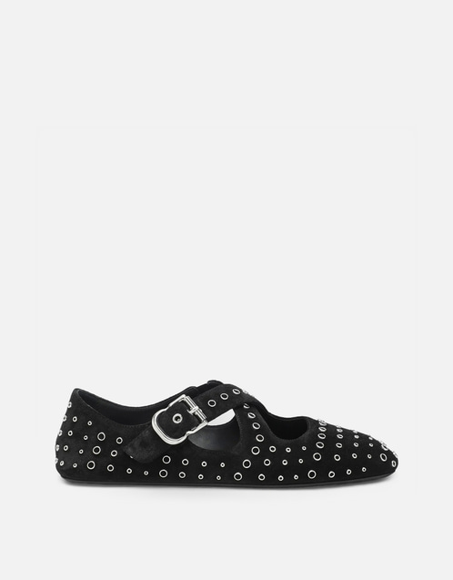 ALAÏA スエードのアイレット付きクロスストラップバレエフラット