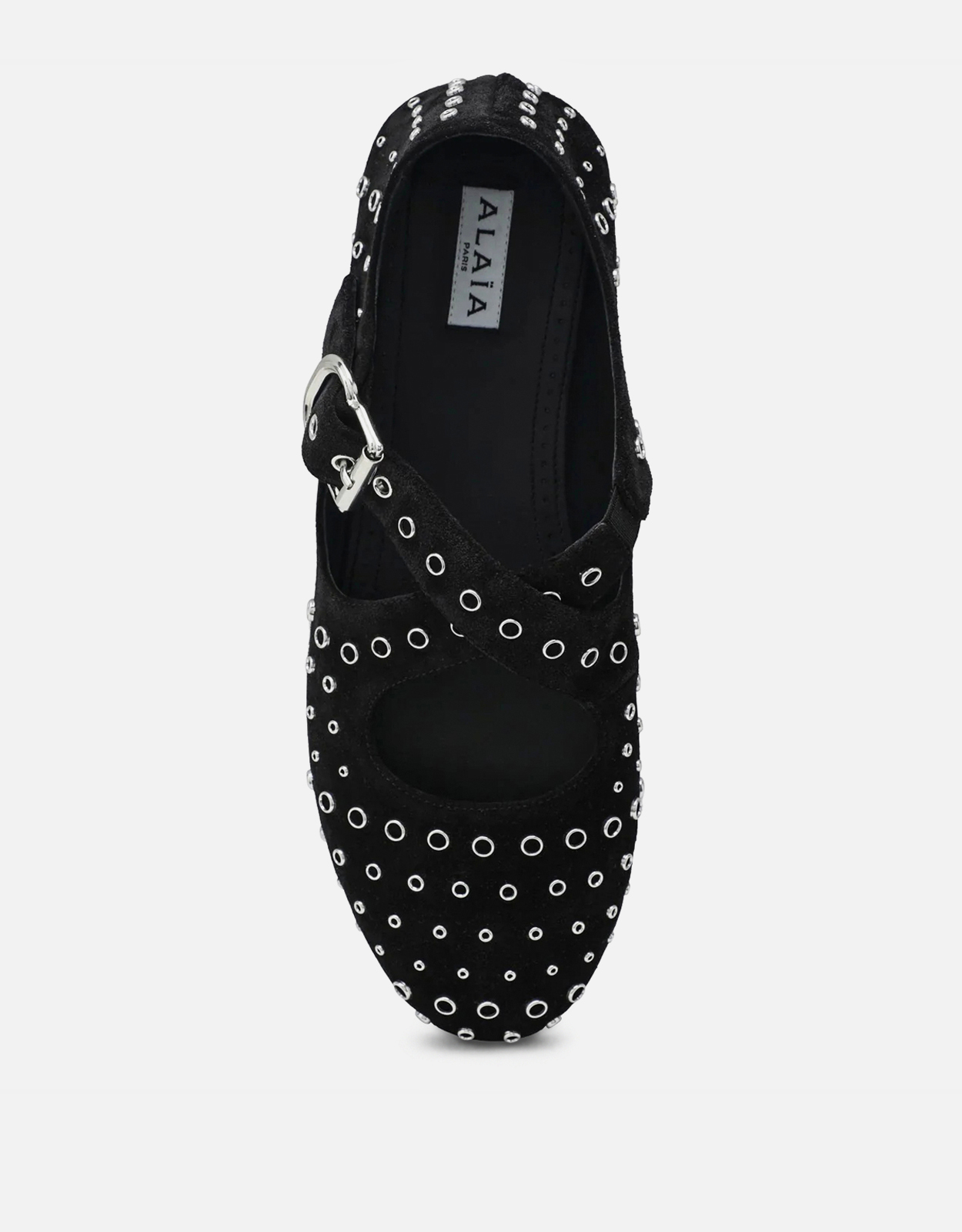 ALAÏA スエードのアイレット付きクロスストラップバレエフラット