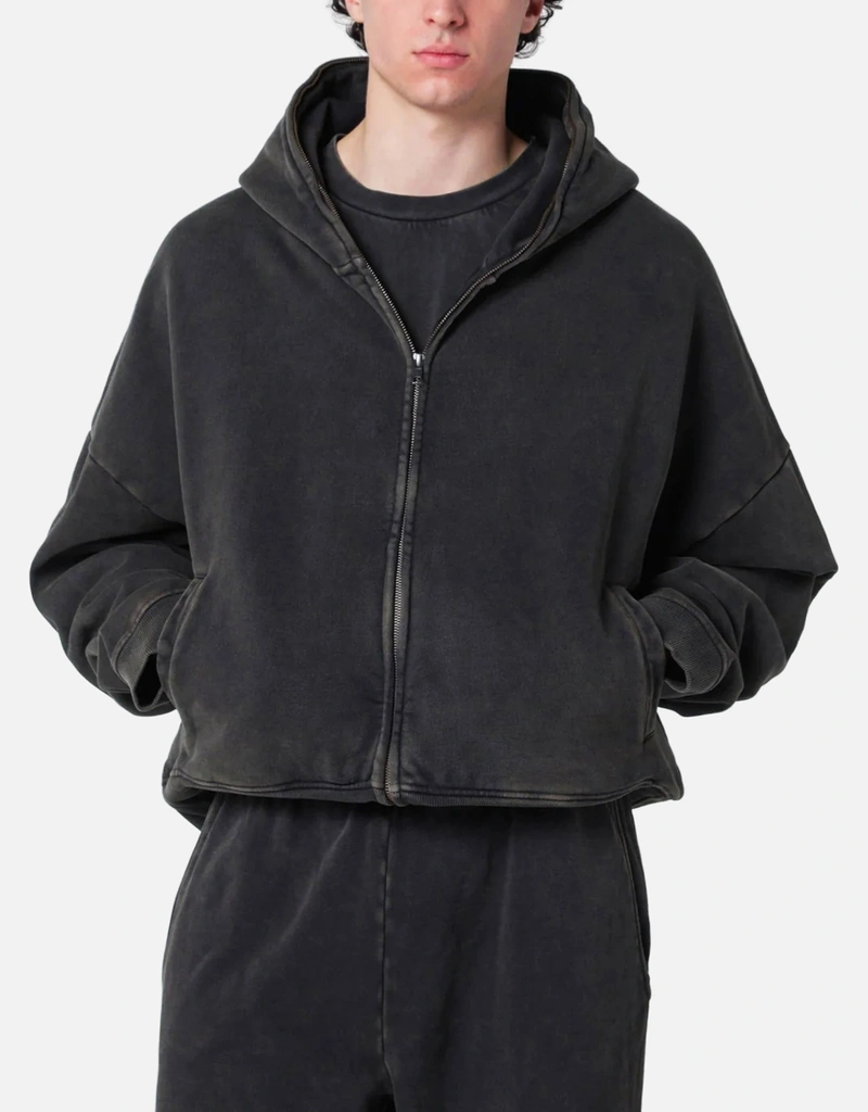 Entire Studios Men's Cotton Black Washed Zip-Up Hoodie (Shirts