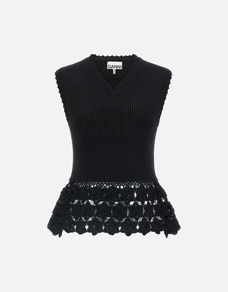 GANNIコットンクロシェベスト Ganni Cotton Crochet Vネックリブベスト (すべての新品) IFCHIC.COM