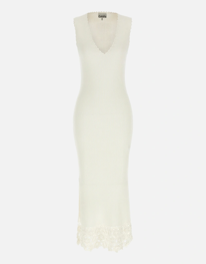 Ganni Fine Cotton Rib Crochet V-neck Dress in White - size XS