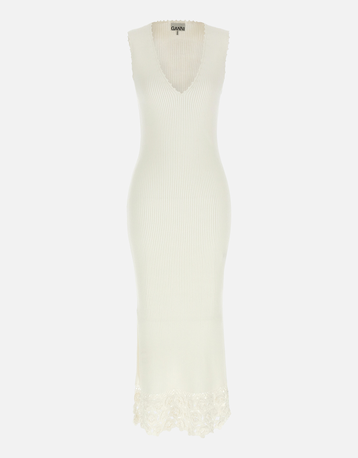 Ganni Fine Cotton Rib Crochet V-neck Dress in White - size XS