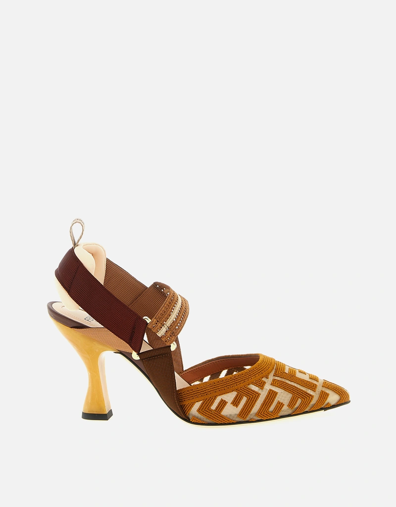 FENDI スリングバックヒール ミュール ブラウン Fendi ブラウンFFファブリックハイヒールスリングバック () IFCHIC.COM