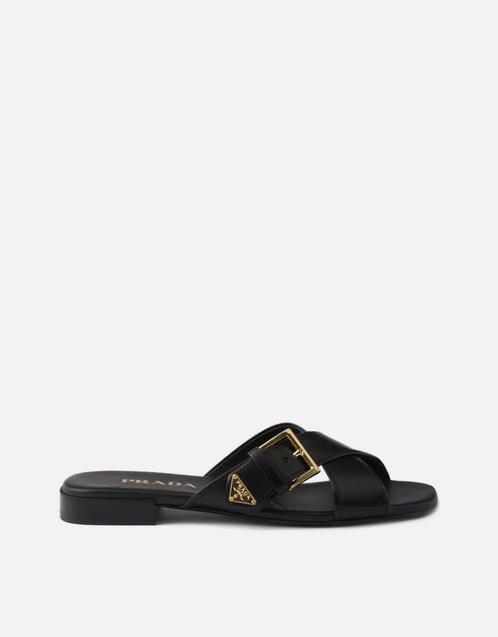 Prada レザー クロスストラップ スライド サンダル バックル付き