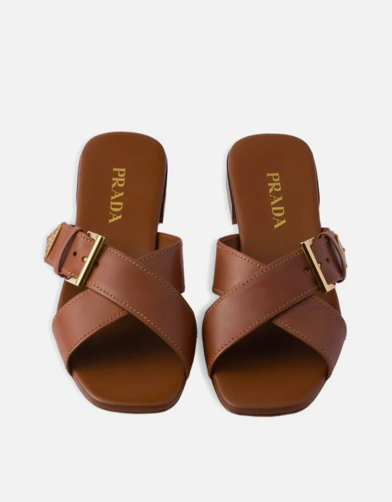 Prada レザー クロスストラップ スライドサンダル バックル付き