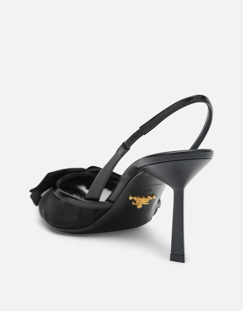 Prada ブラックファブリックとメッシュのスリングバックパンプス