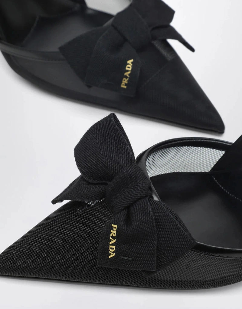 Prada ブラックファブリックとメッシュのスリングバックパンプス