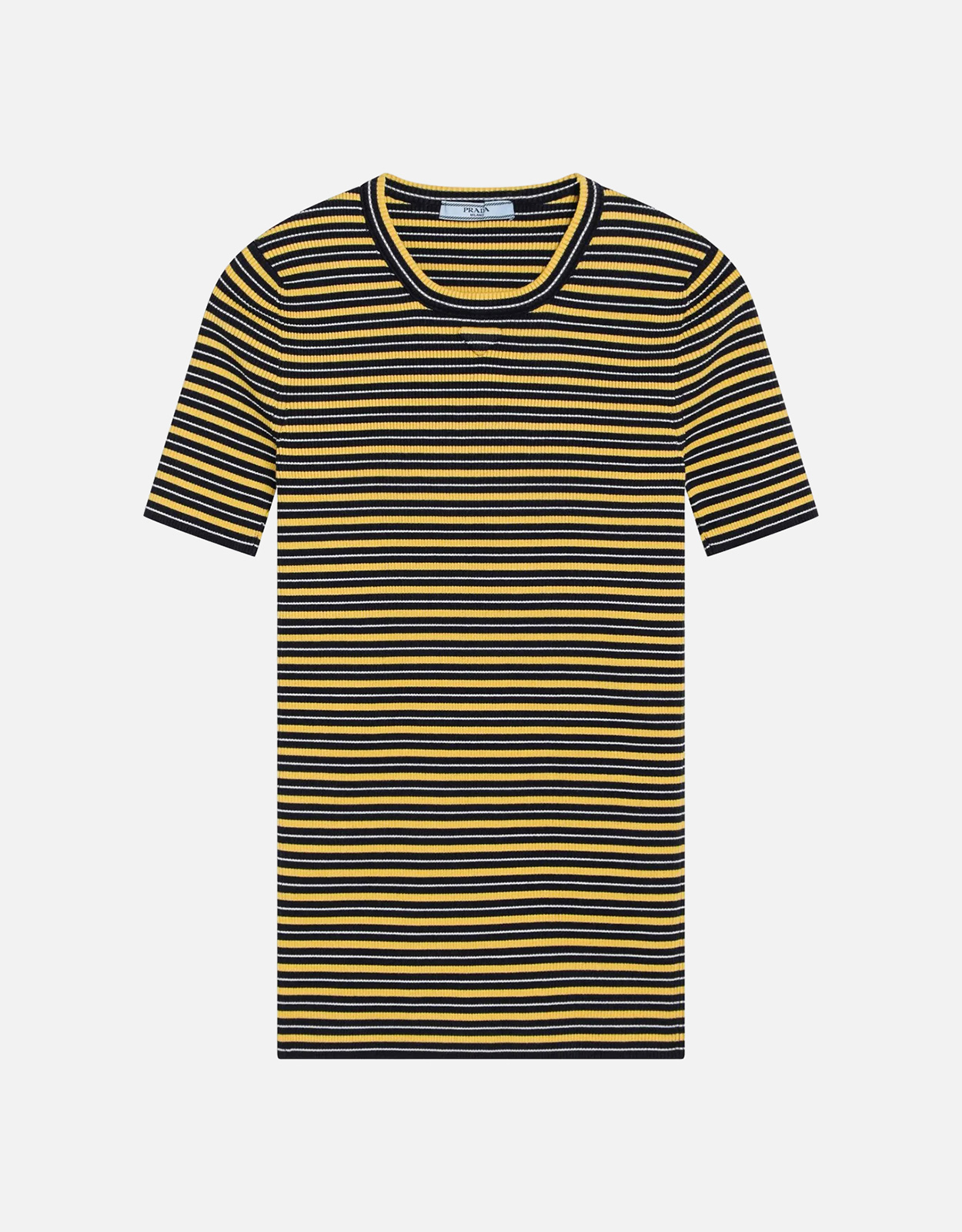 Prada ネイビーイエローストライプストレッチコットンTシャツ