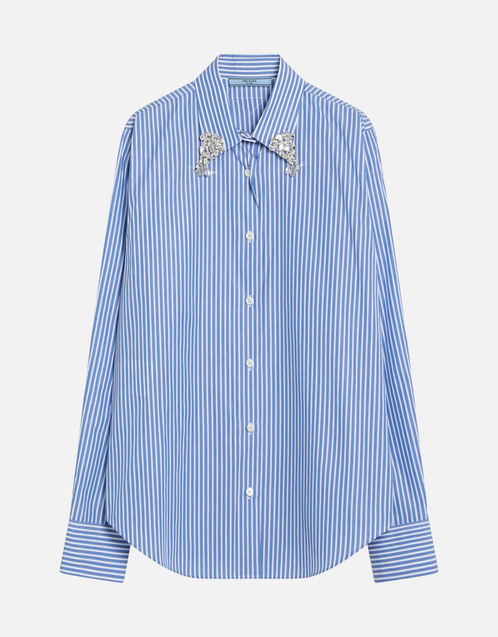 PRADA ポプリンシャツ Prada ラインストーンネック装飾コットンポプリンシャツ (トップス
