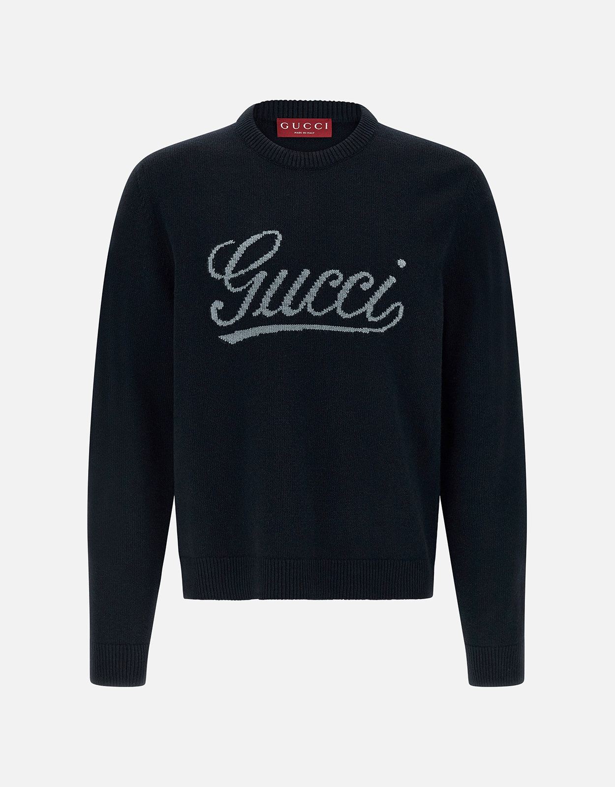 Gucci メンズメリノウールGucciロゴインターシャニットセーター