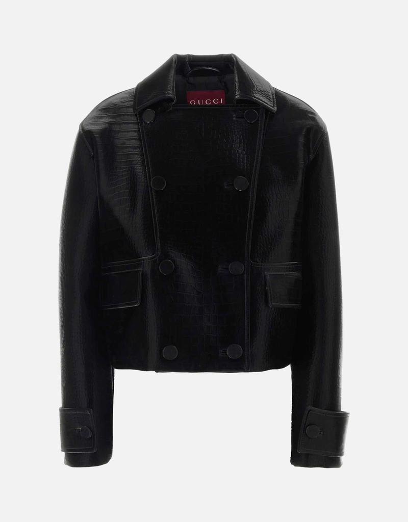 Gucci ブラック クロコ型押しラムスキン レザージャケット (すべての