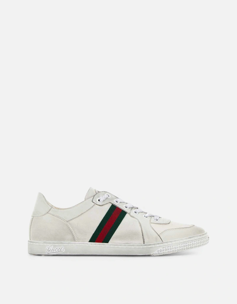 Gucci メンズ ストレッチ ホワイトレザー ロートップスニーカー