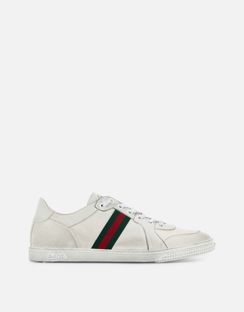 Gucci メンズ ストレッチ ホワイトレザー ロートップスニーカー