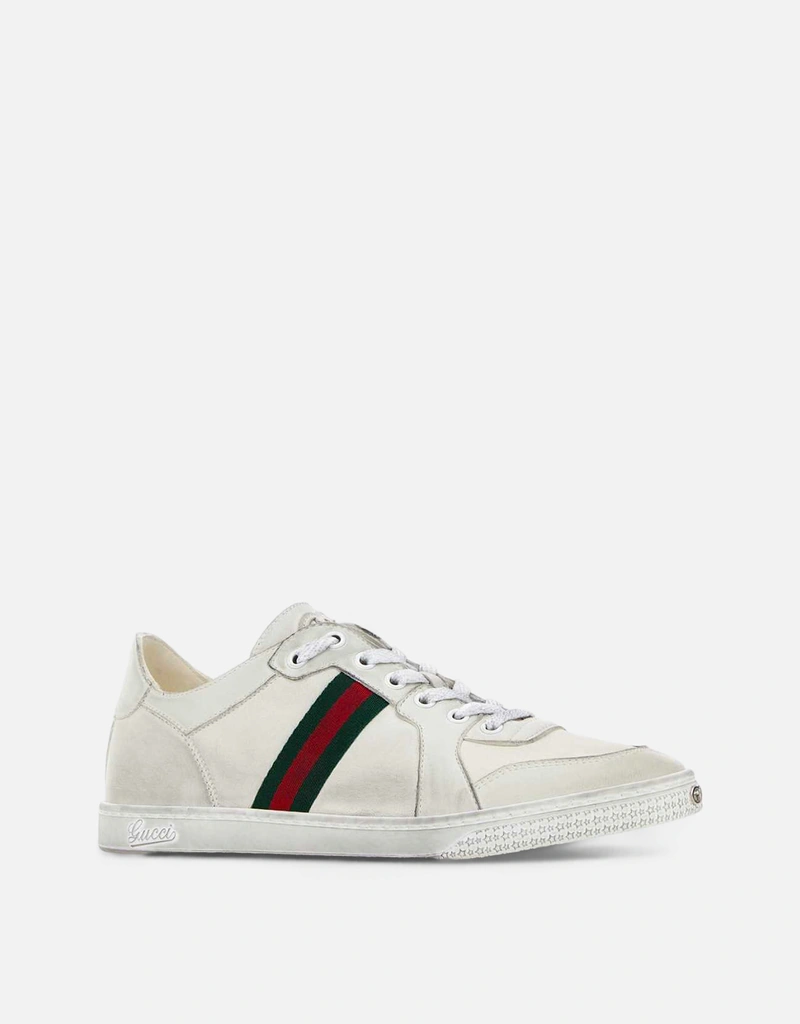Gucci メンズ ストレッチ ホワイトレザー ロートップスニーカー
