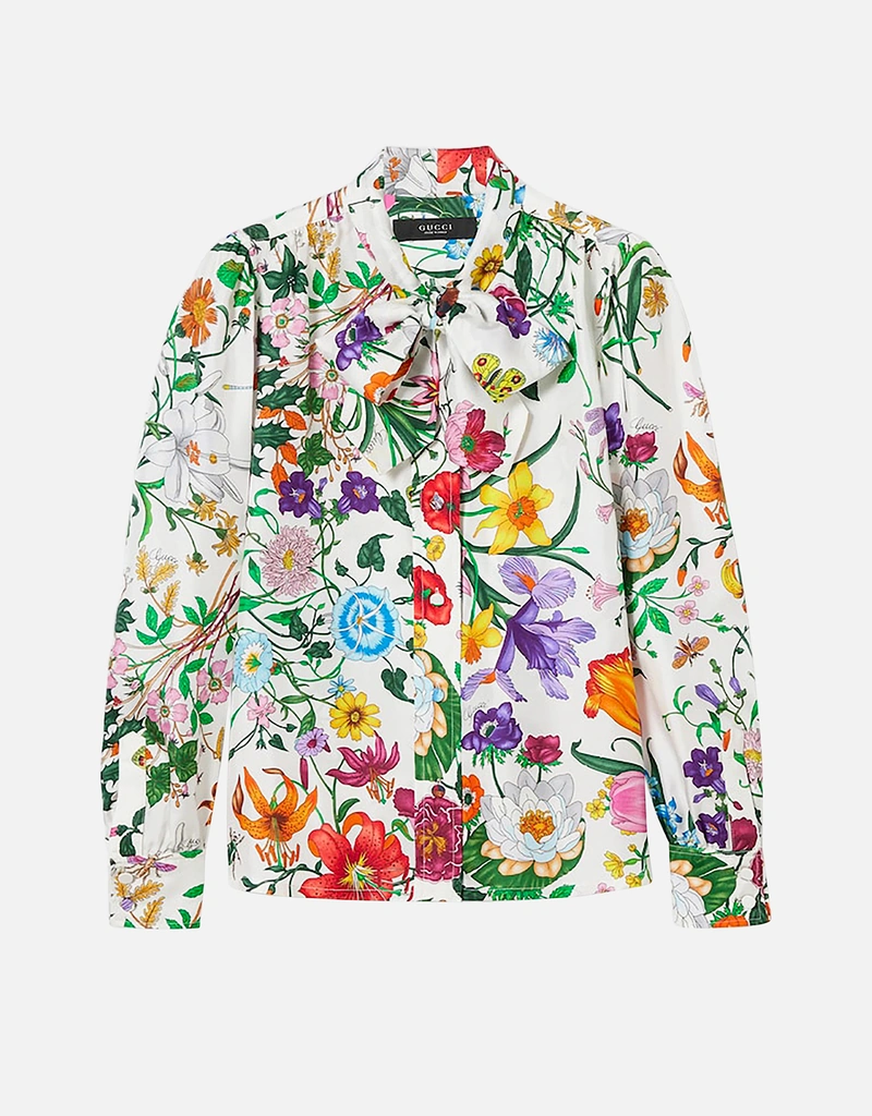 Gucci プリントシルクツイルシャツ ボウ付き (トップス) IFCHIC.COM