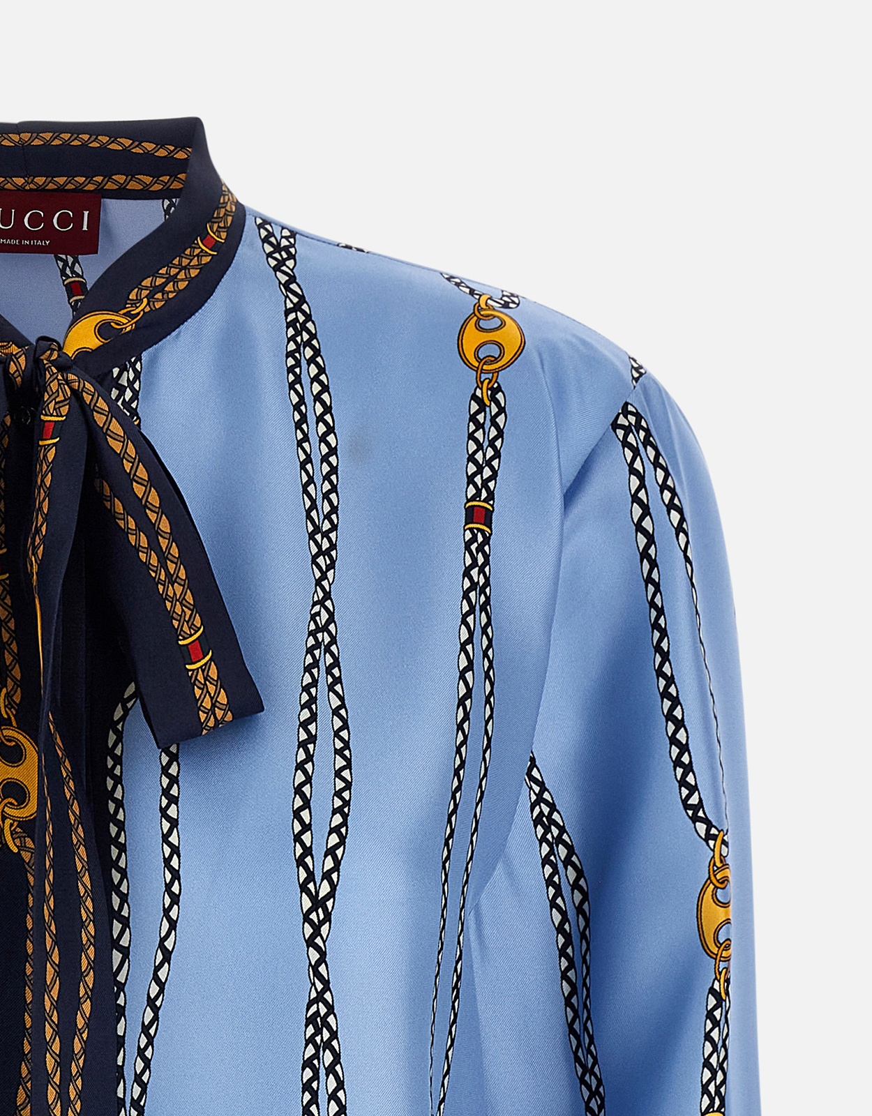 GUCCI シルク 100% リーフプリント シャツ　40 レディース リボン付き フローラル プリント シルクツイル シャツ ・マルチカラー