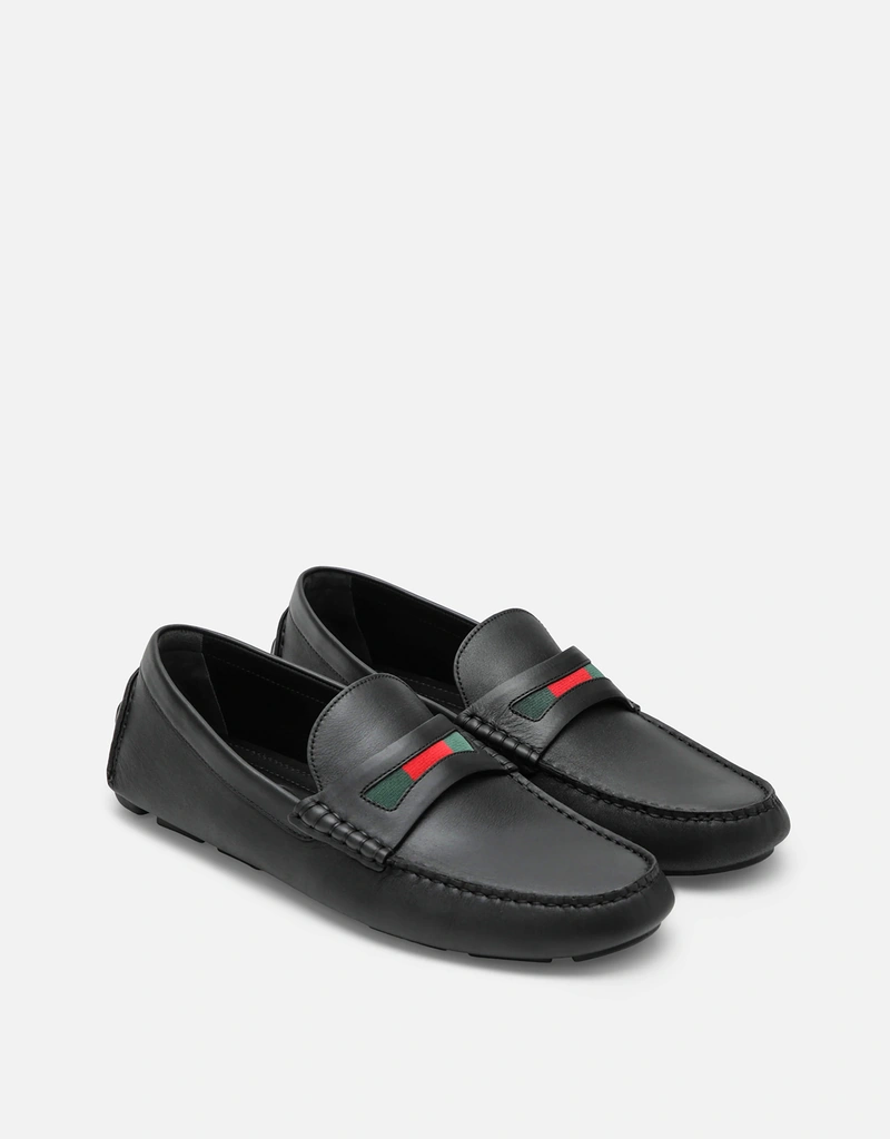 Gucci ブラックレザー Web ドライバーローファー (すべての新品