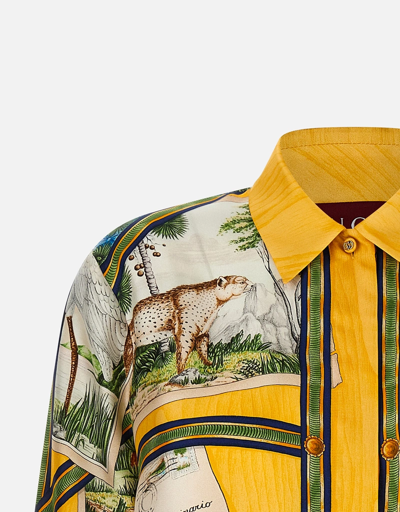 gucci print dress shirt Printed silk twill shirt in camel and dark brown