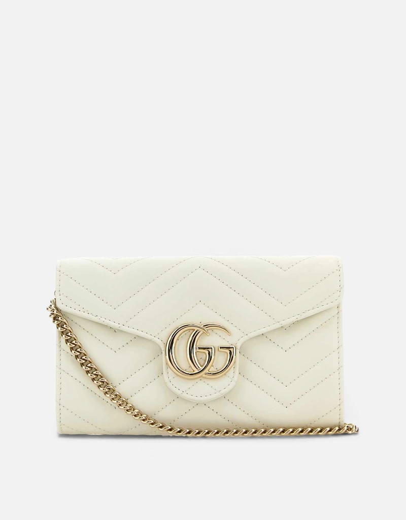 Gucci ホワイト絎縫Chevronカーフレザー財布ショルダーバッグチェーン 