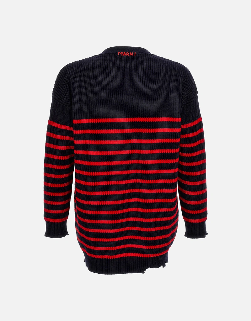 Marni メンズ ウール コットン ストライプ 破壊効果 カーディガン