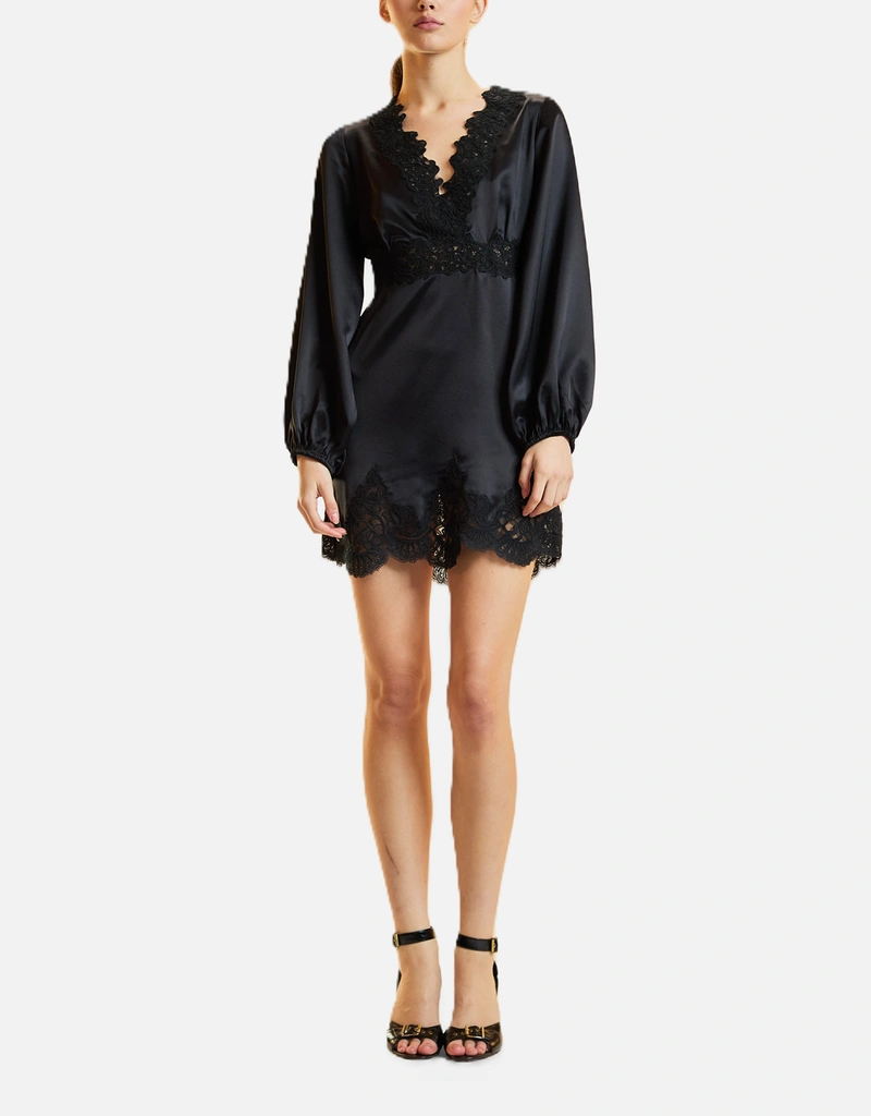 black lace satin mini dress Deralina Bodycon Dress in Satin Black with Lace