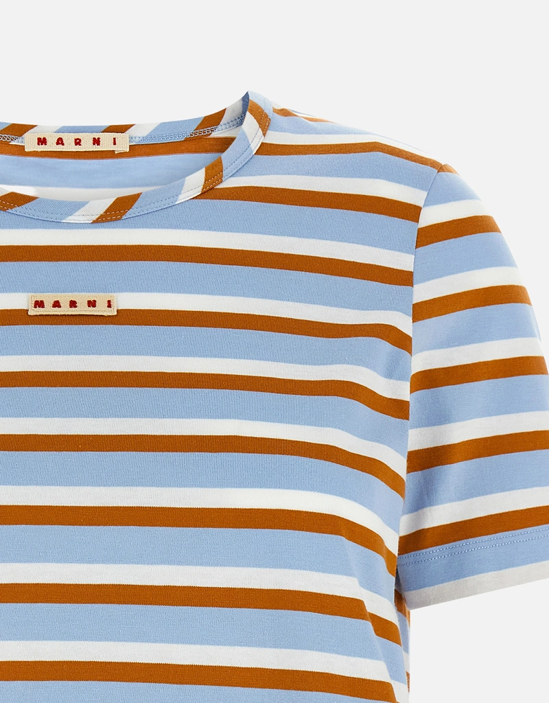 Marni ブルーとブラウンのストライプコットンTシャツ (すべての新品