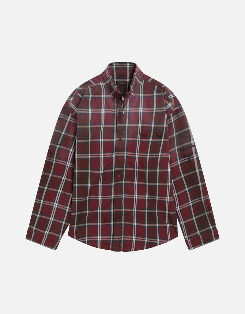 Balenciaga Burgundy Plaid Cotton Blend Flannel Zip Shirt (Tops) IFCHIC.COM Balenciaga Burgundy Plaid Cotton Blend Flannel Zip Shirt (Tops) IFCHIC.COM