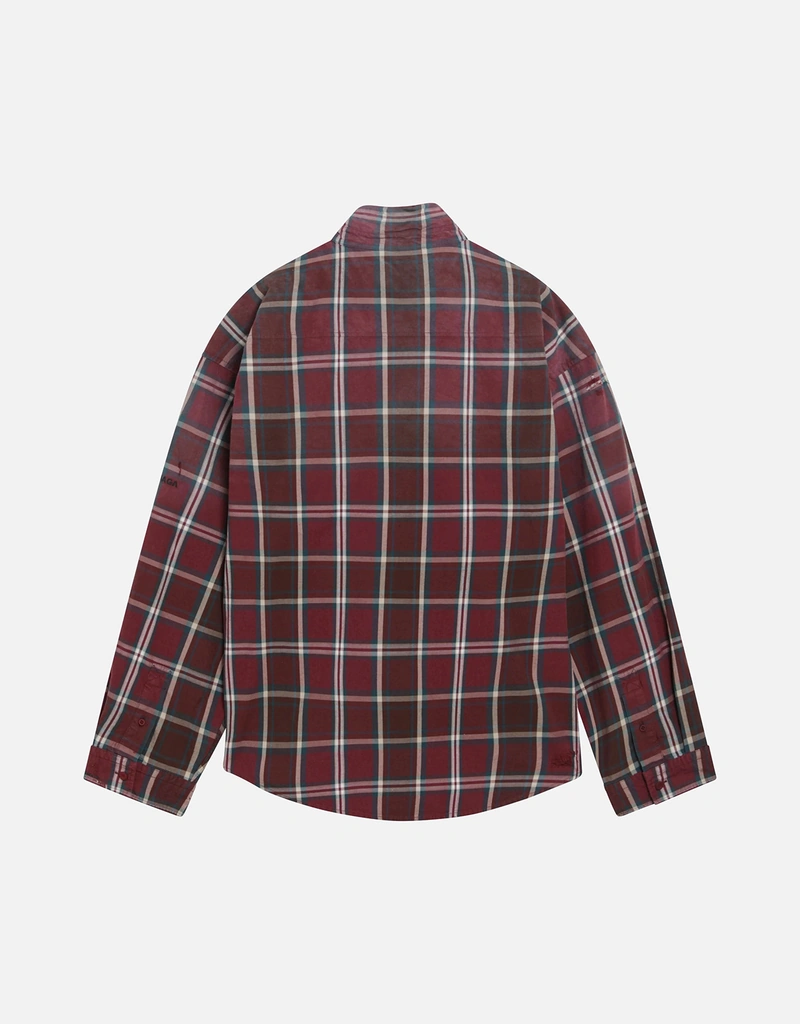 Balenciaga Burgundy Plaid Cotton Blend Flannel Zip Shirt (Tops) IFCHIC.COM