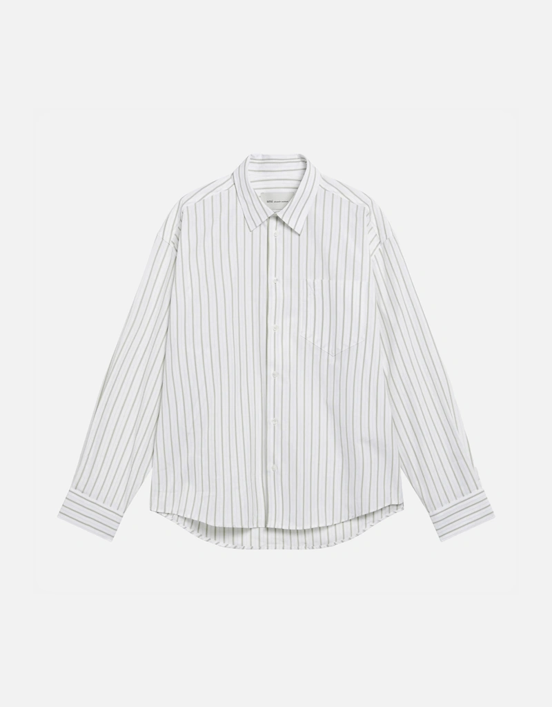 AMI Paris メンズ ストライプ コットン チェスト パッチポケット