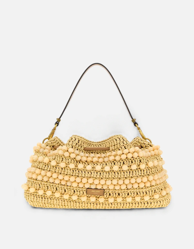JIMMY CHOO Cinch ミディアム ラフィア ビーズ バケットバッグ