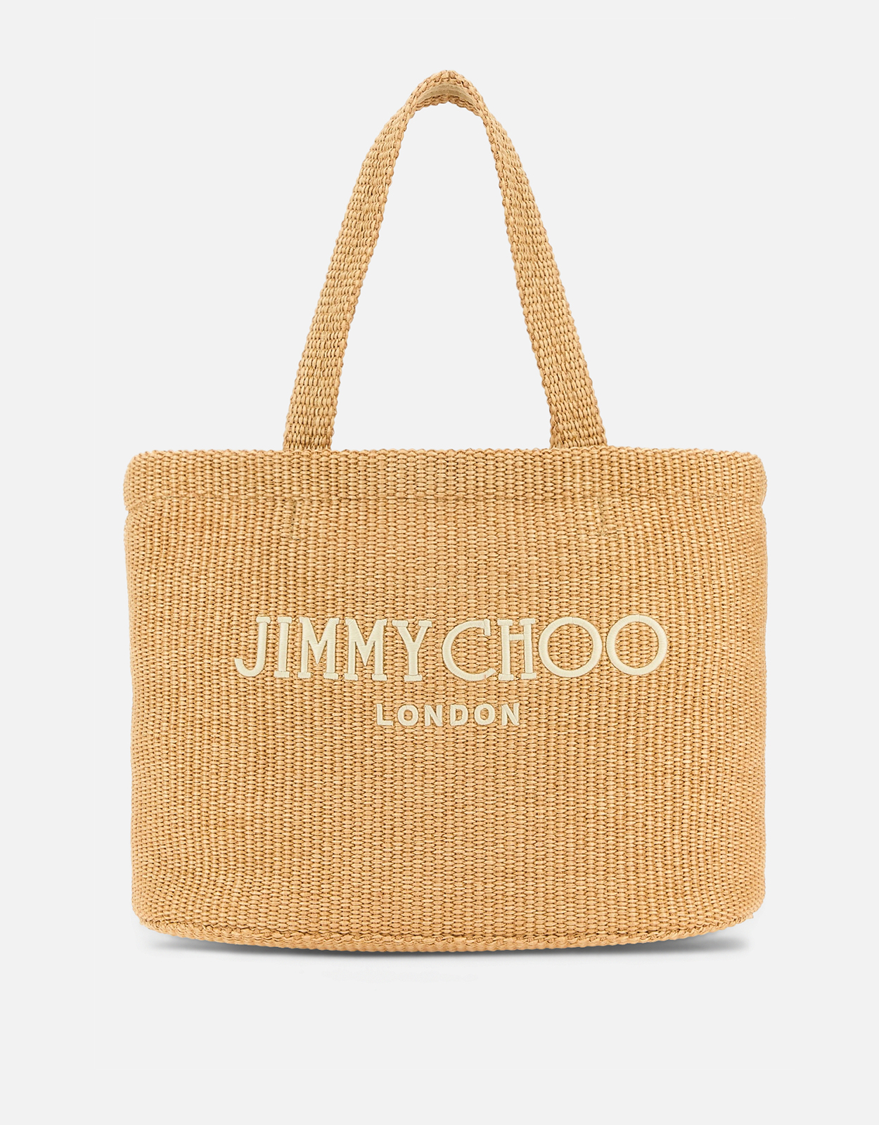 JIMMY CHOO Beach Tote East-West Raffia Embroidered Logo Tote Bag