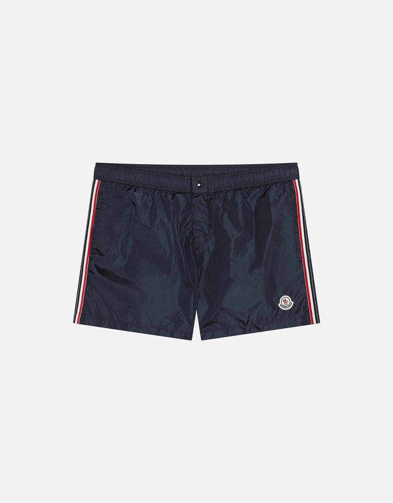 Moncler ネイビーブルーナイロンLogoパッチスイムショーツ (ショート