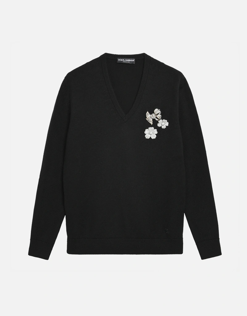 Dolce & Gabbana Vネック ウール セーター 刺繍フローラルディテール