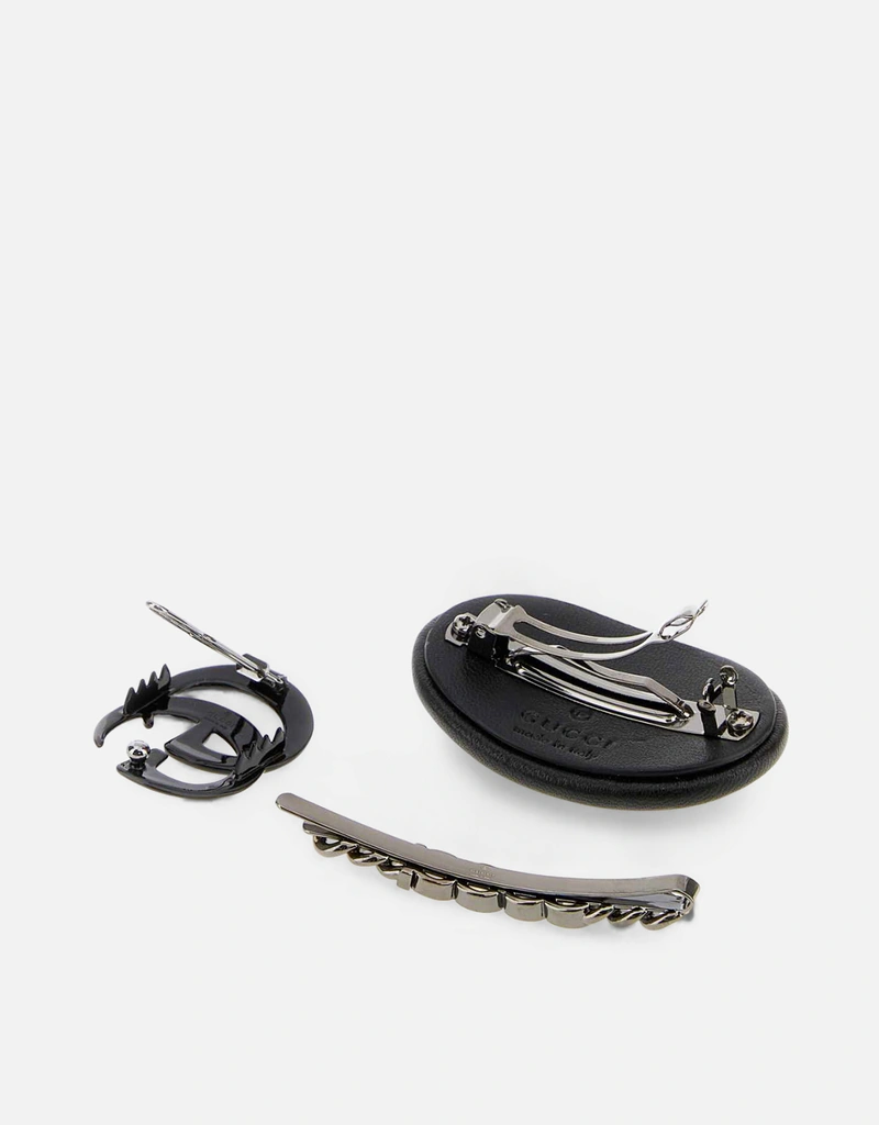Gucci ブラック レザー And メタル ヘアクリップ セット () IFCHIC.COM