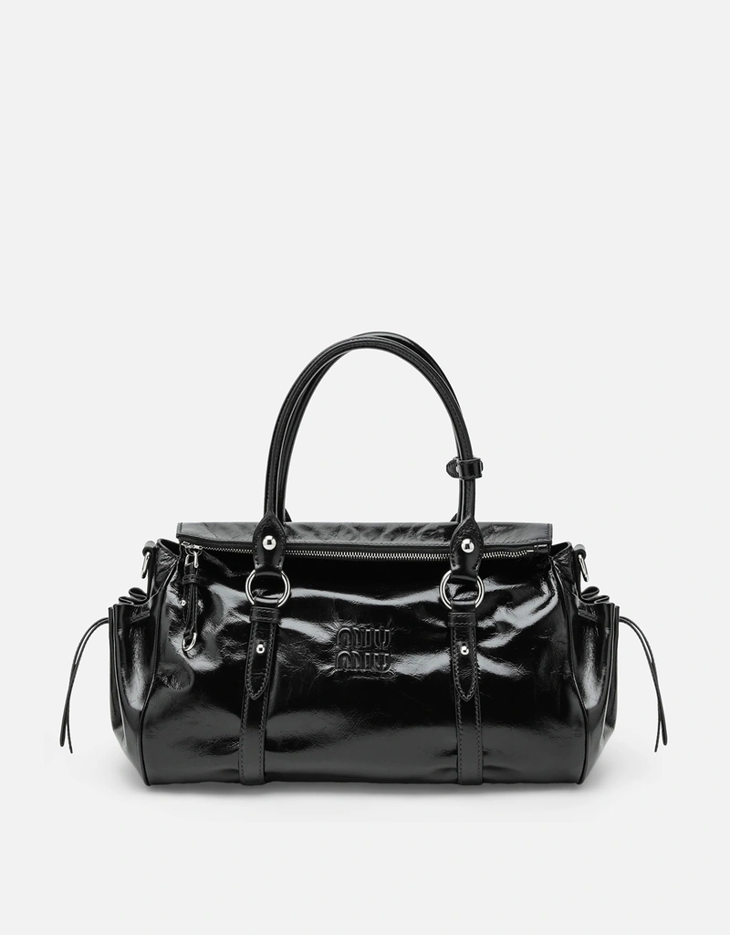 Miu Miu 黒 レザー ハンドバッグ Miu Miu ラージ グロッシー レザー トップハンドルバッグ (トップス