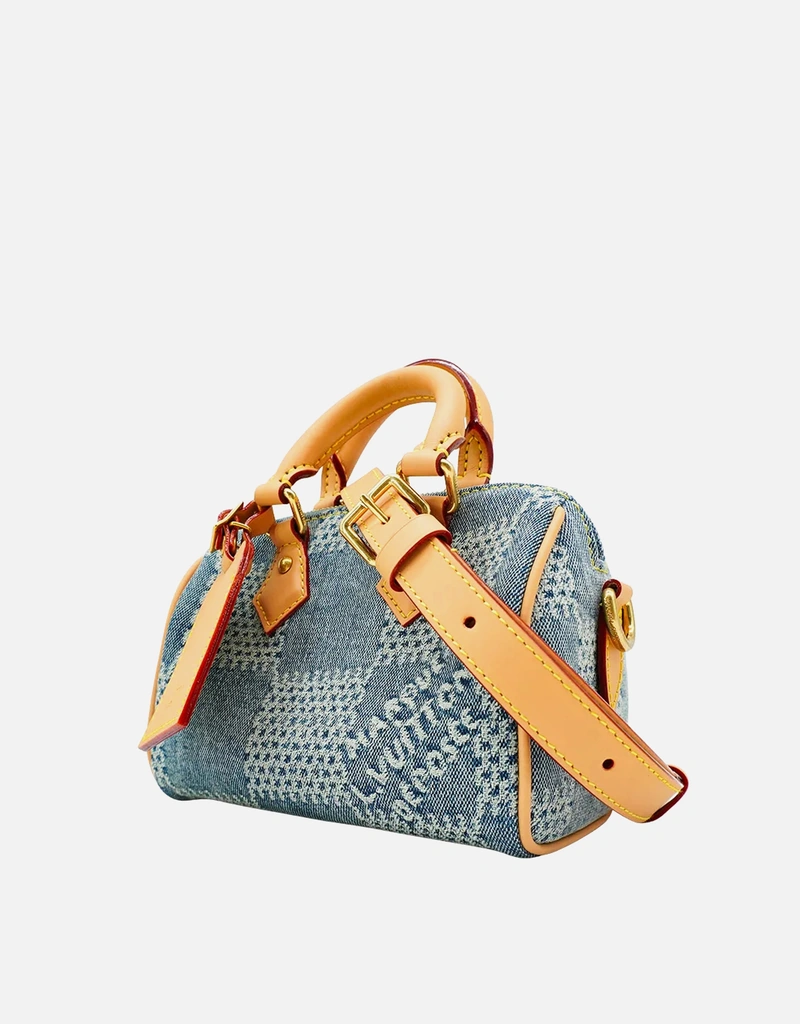 Louis Vuitton Speedy 18 Checkered Denim Handheld Crossbody Bag