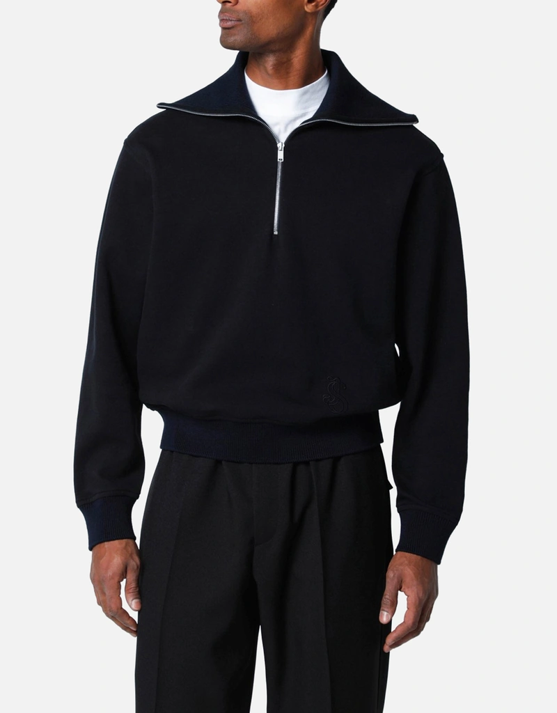 Jil Sander メンズネイビーブルーコットンハーフジップスウェット