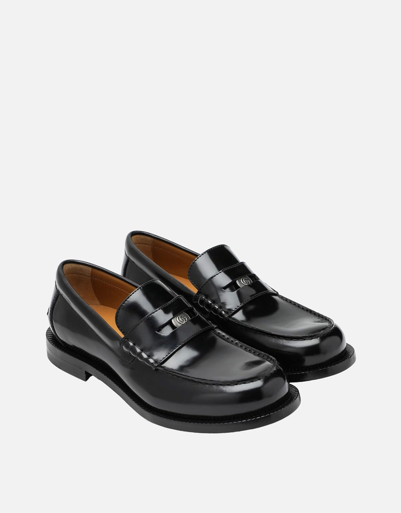 Gucci メンズ ブラックレザーローファー リムーバブルGGディテール付き