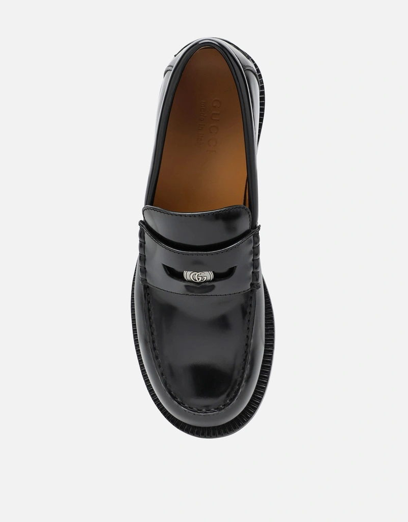 Gucci メンズ ブラックレザーローファー リムーバブルGGディテール付き