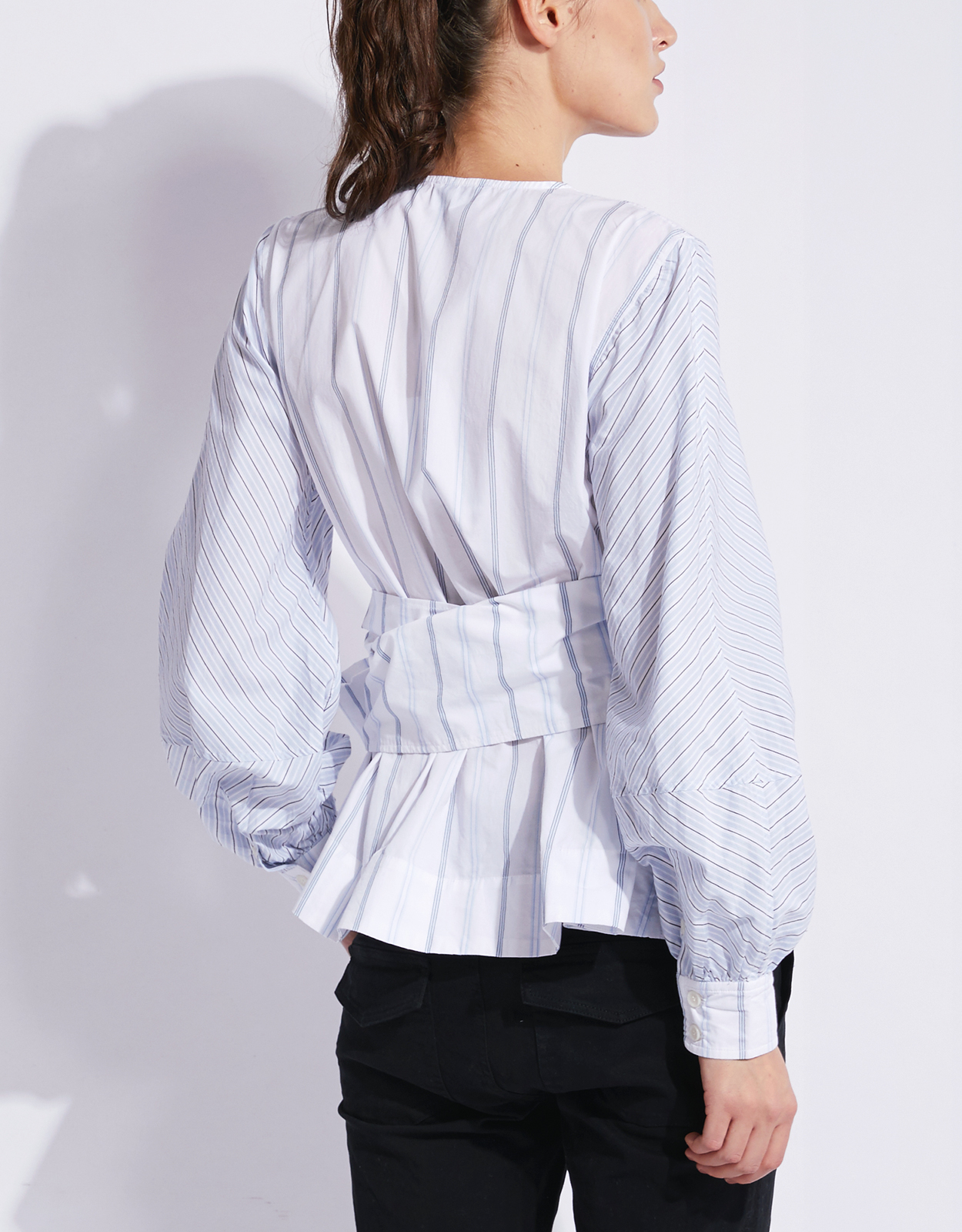 Ganni V-neck Stripe Wrapped Shirt (Tops,Shirts) IFCHIC.COM