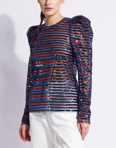 Puffed Shoulder Sheer Sequin Striped Top