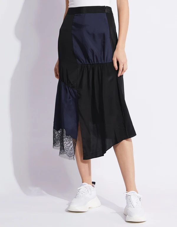 Patchwork Lace Silk Midi Skirt